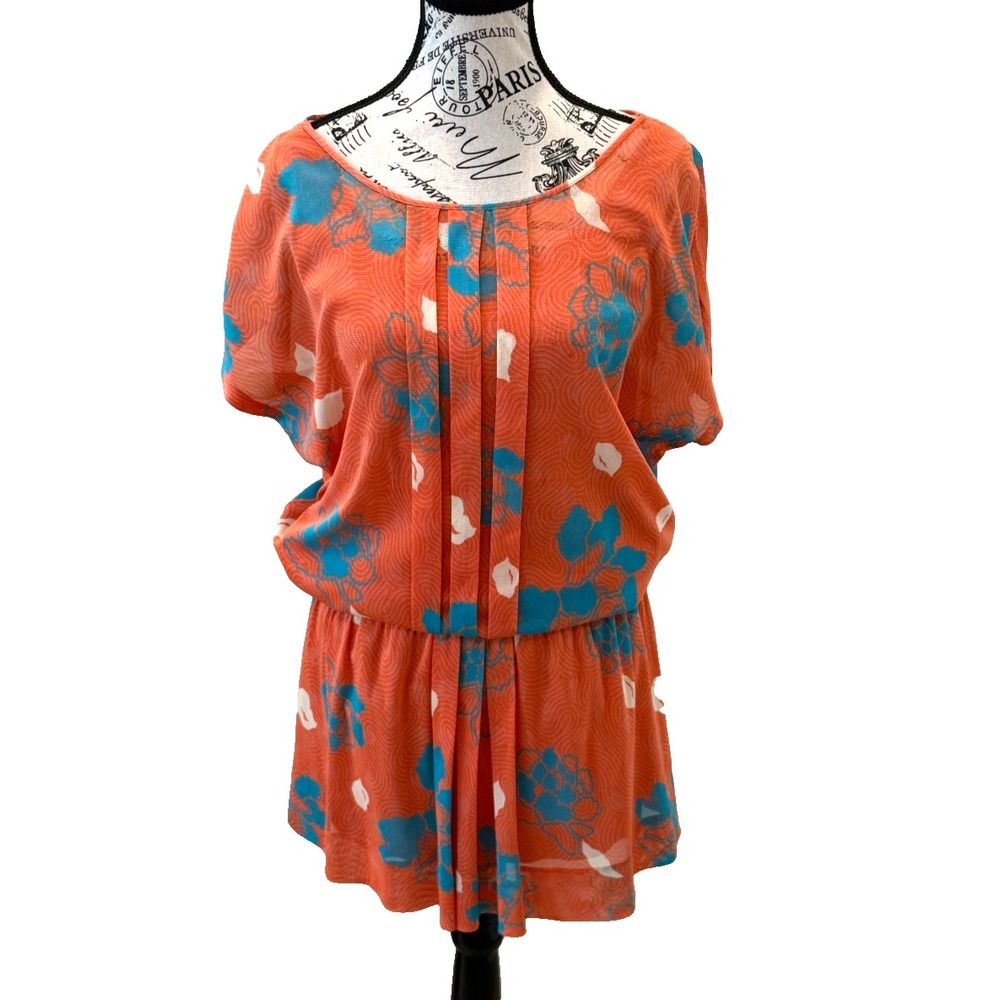 Vivienne Tam Floral Mesh Mini Dress S Coral Blue Pleated Lined Japan Size 1 (S)